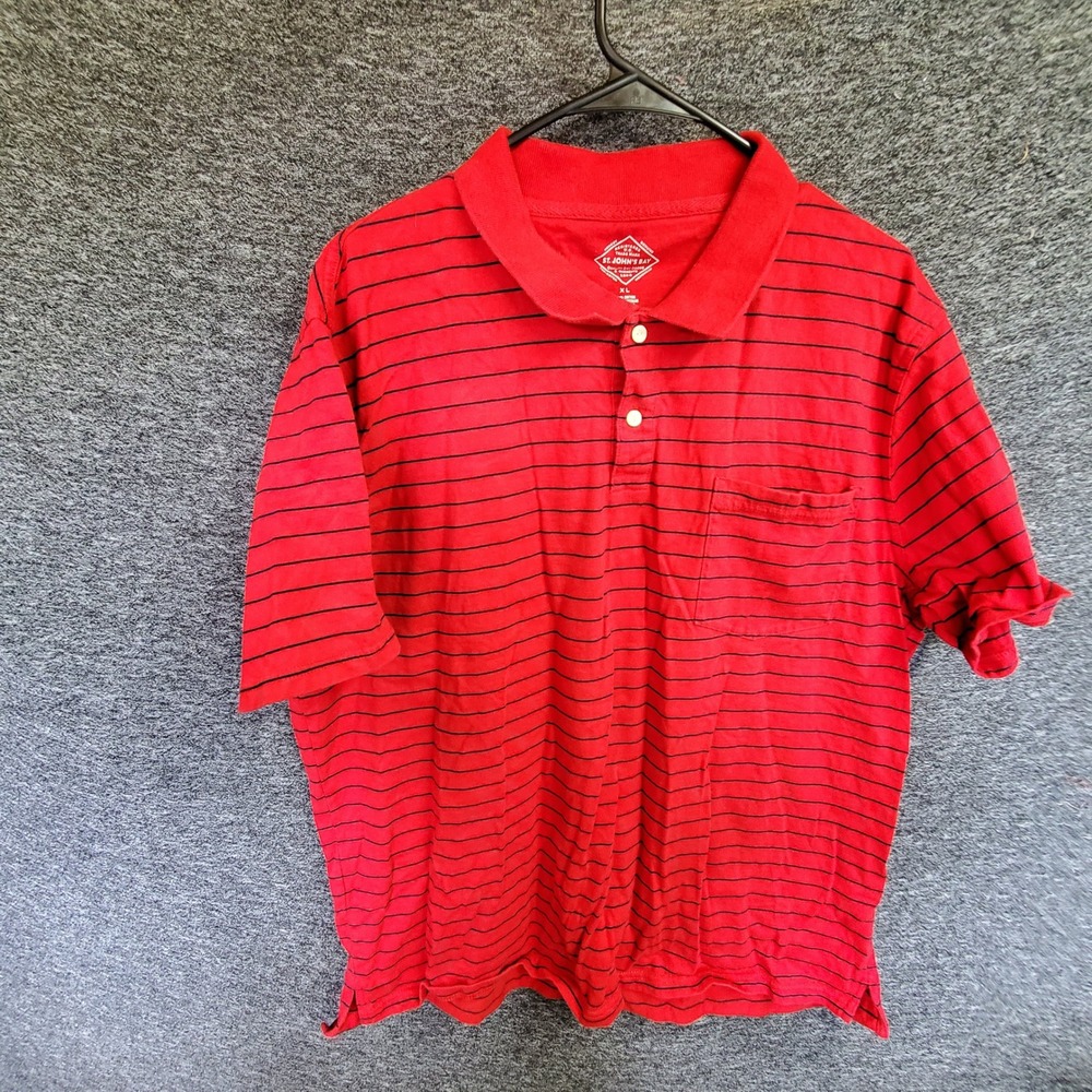 St Johns Bay Mens XL Red Navy Blue Striped Short Sleeve Pocket Polo Shirt Cotton